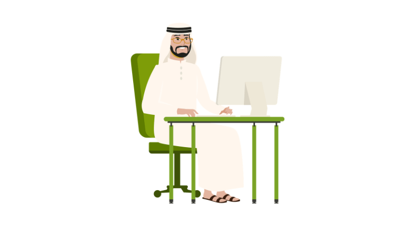 Illustration of a man in a thawb and headscarf working at a desktop computer at a green desk as he types and uses the mouse.
